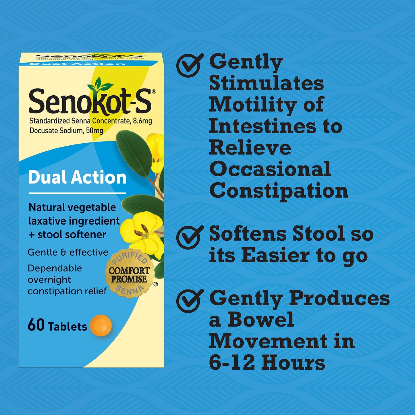 Senokot-S Dual Action tablets 60 count box label details