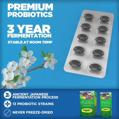 Side view of shelf stable Essential Formulas Dr. Ohhira dietary supplement packaging showcasing non-GMO ingredients.