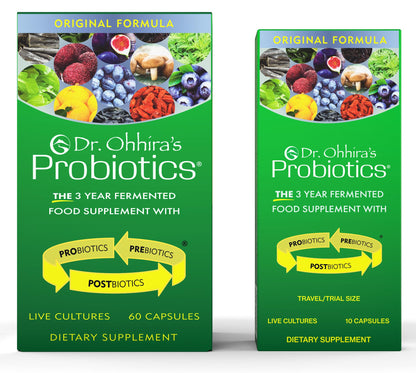 Supplement facts and prebiotic ingredient panel on the back of Dr. Ohhira's Original Formula package.