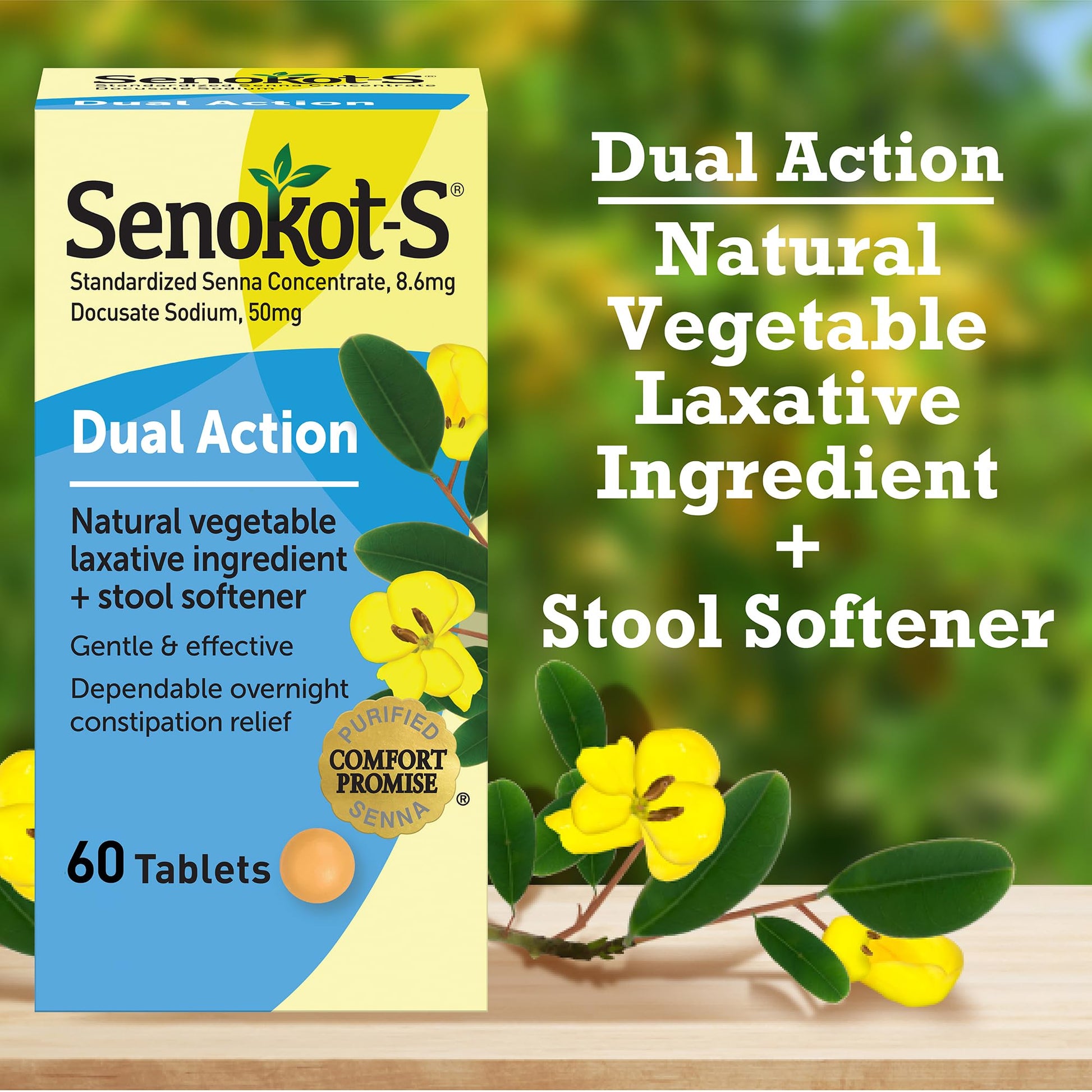Senokot-S Dual Action 60 tablets bottle on white background