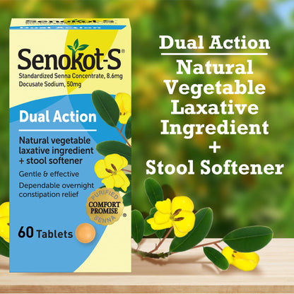 Senokot-S Dual Action 60 tablets bottle on white background