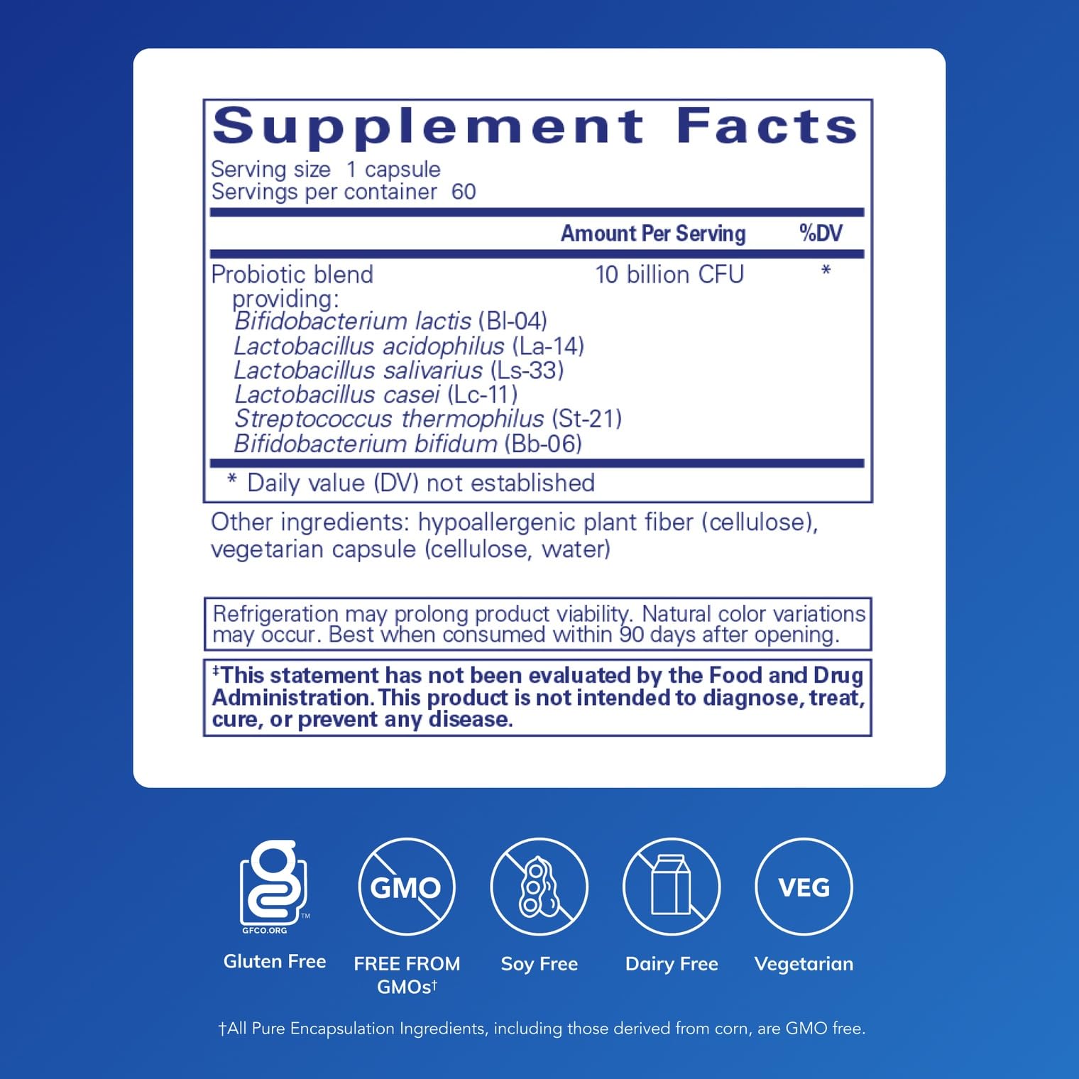Pure Encapsulations Probiotic GI side label showing ten billion CFU probiotic blend ingredients