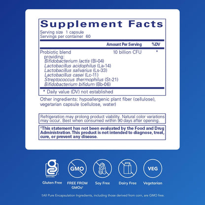 Pure Encapsulations Probiotic GI side label showing ten billion CFU probiotic blend ingredients