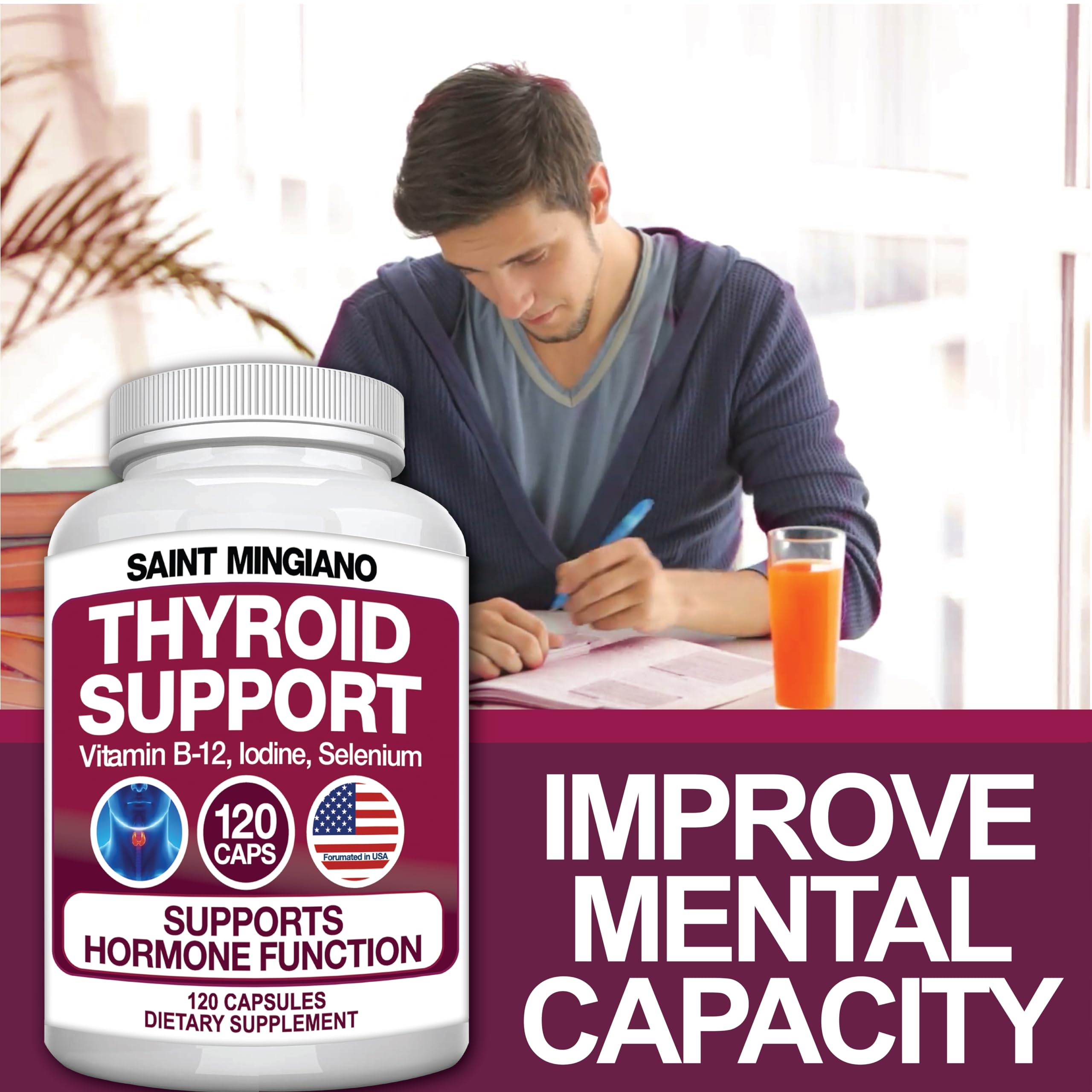Saint Mingiano Thyroid Support dietary supplement imported from the USA showing product benefits.