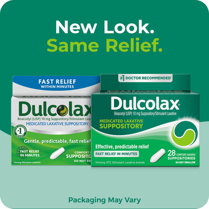 Dulcolax 10mg bisacodyl suppository box showing 28 count