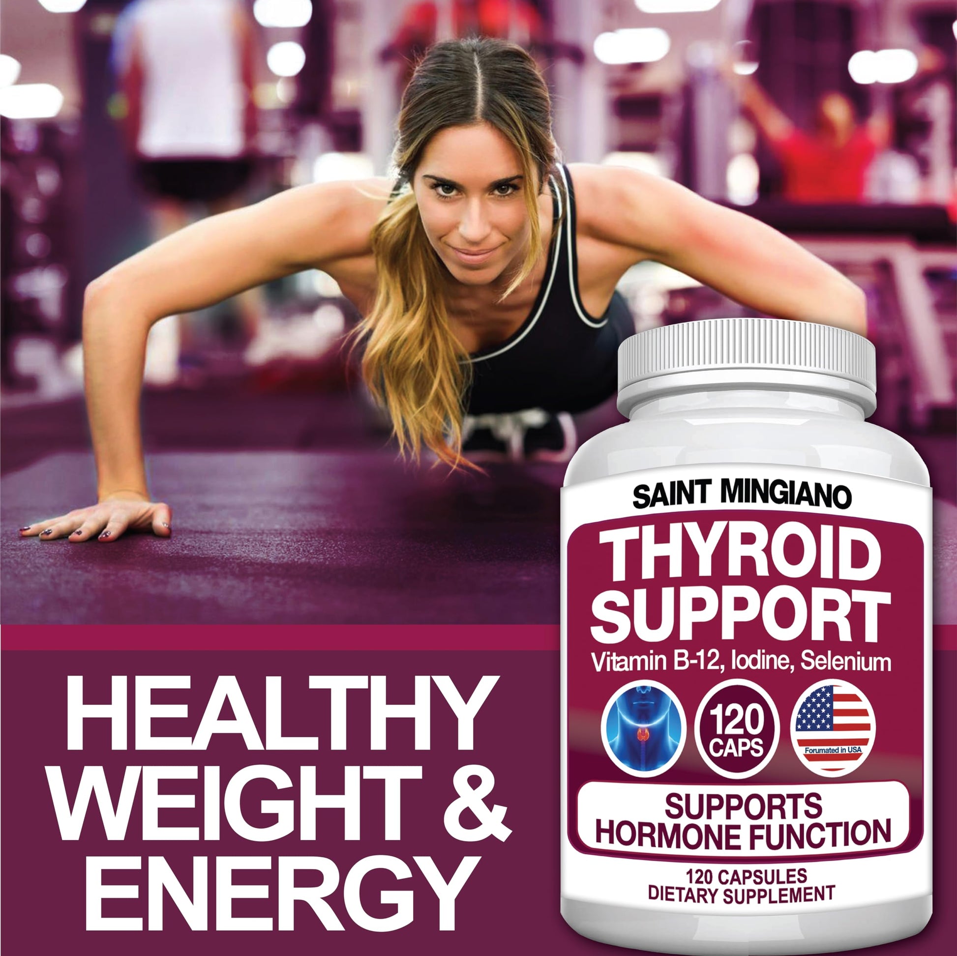Back label of Saint Mingiano Thyroid Support capsule bottle displaying full natural ingredient list.