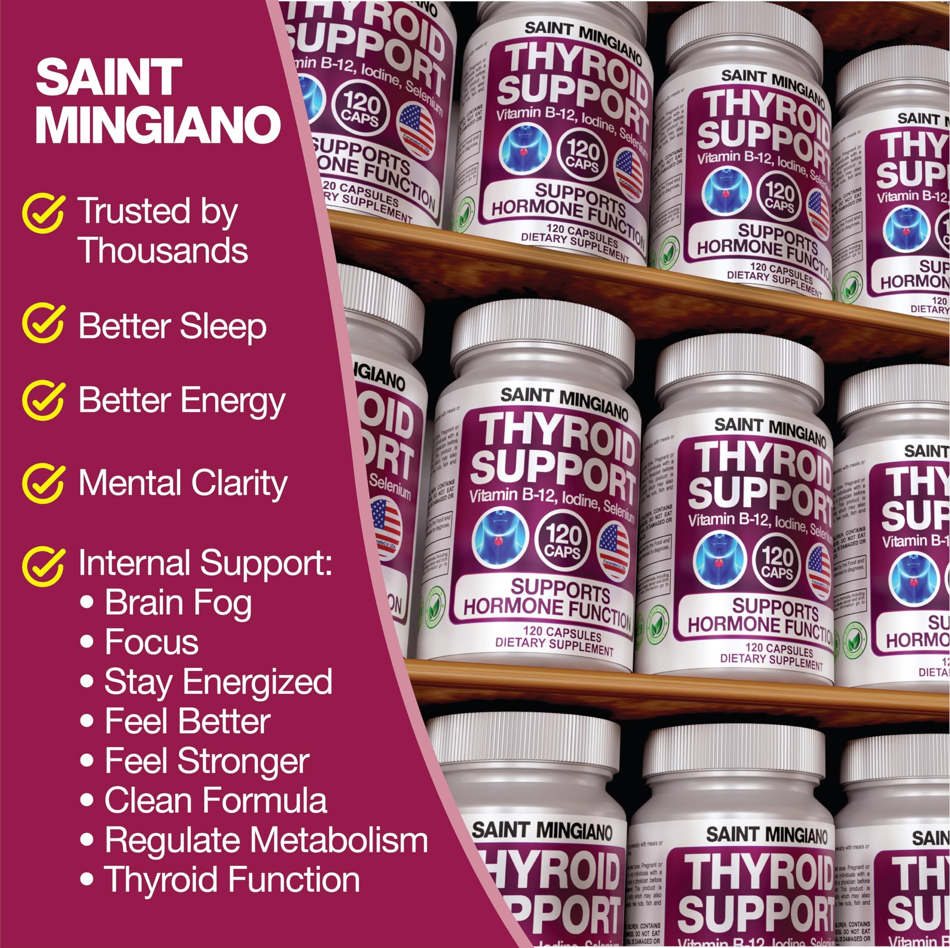 Non GMO natural formula capsules of Saint Mingiano thyroid extract supplement.