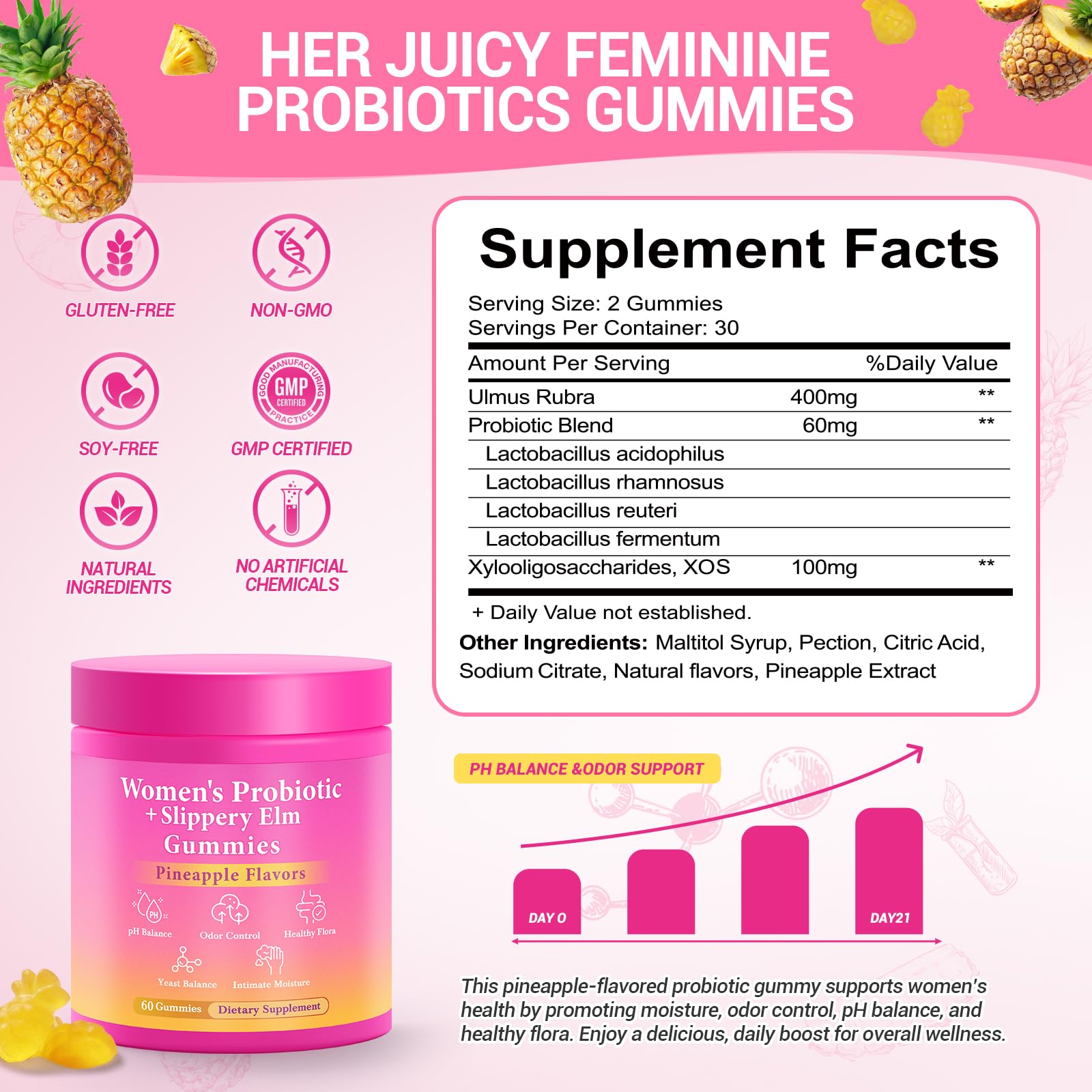 Burminy premium feminine balance probiotics with slippery elm supplement facts label side view