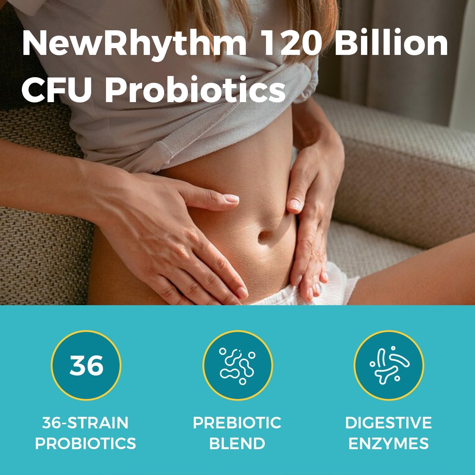 NewRhythm 3-in-1 Probiotics vegan targeted release capsules displayed next to the imported packaging