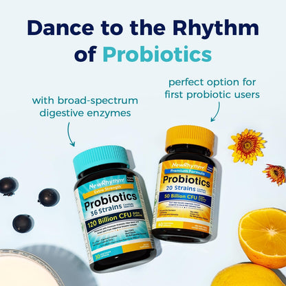 Close up of NewRhythm unflavored digestive support capsules pouring out of the authentic amber bottle