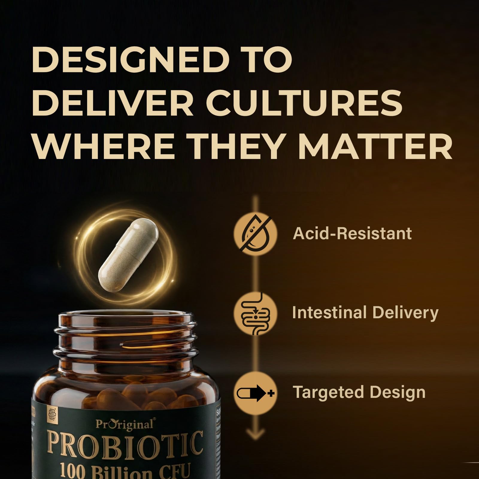 Close up of Proriginal vegetarian probiotic capsules next to the packaging bottle on clean background