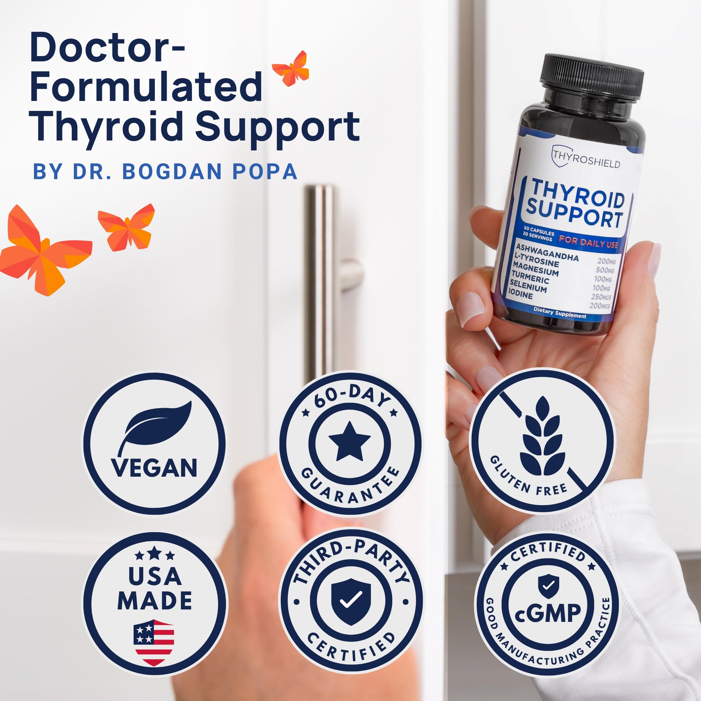 ThyroShield 60 capsules supplement facts showing iodine and selenium ingredients