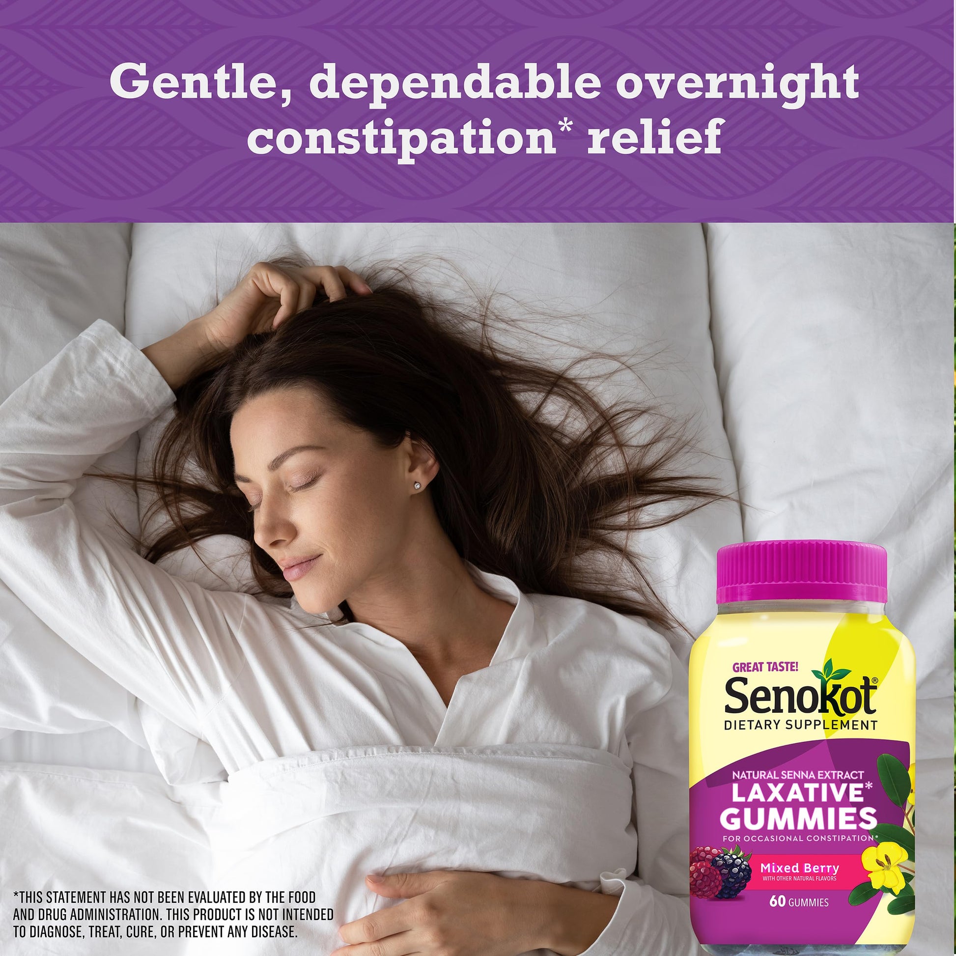 Side view of Senokot laxative gummies packaging showing ingredients