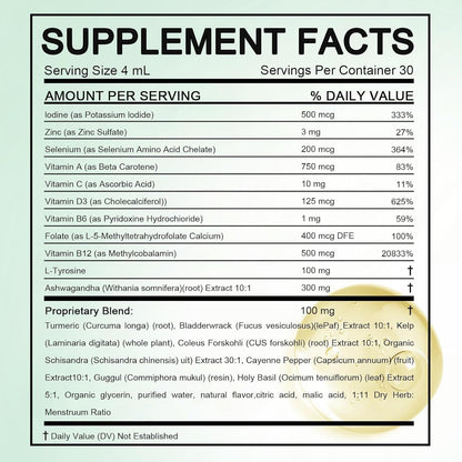 RETPMOSO Actora thyroid supplement drops back label highlighting clean ingredients like selenium and zinc.