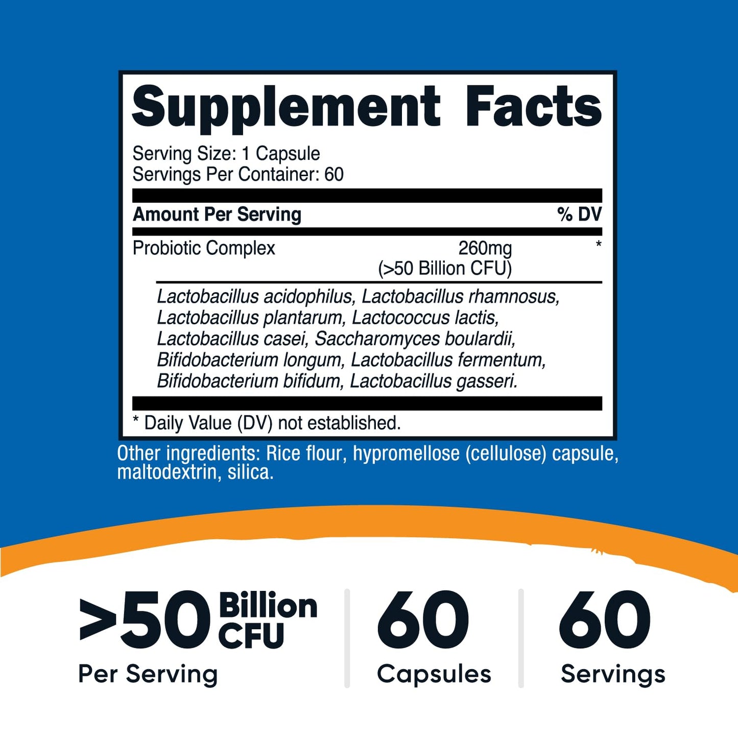 Nutricost Probiotic Complex 60 vegetarian capsules supplement facts and ingredient label