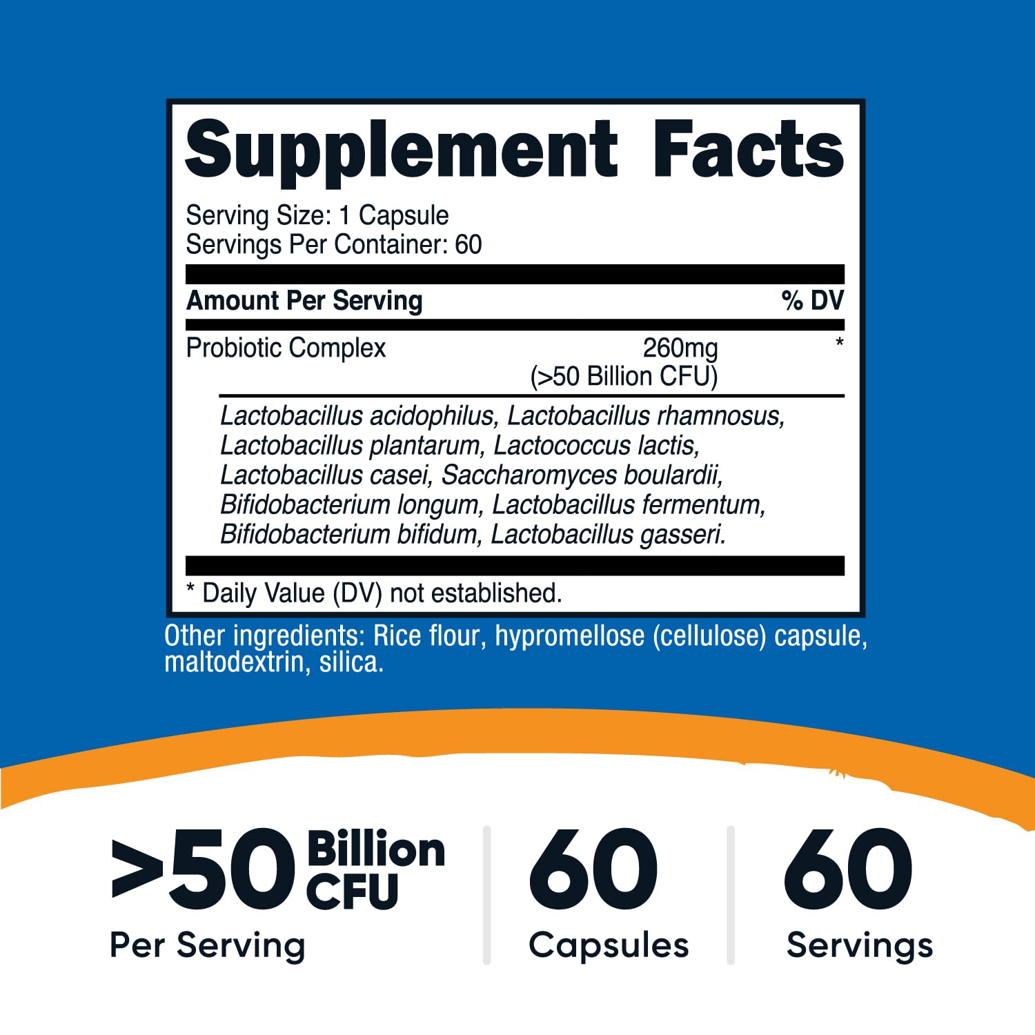 Nutricost Probiotic Complex 60 vegetarian capsules supplement facts and ingredient label