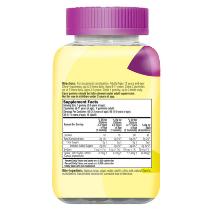 Senokot laxative gummies bottle with nutritional facts label