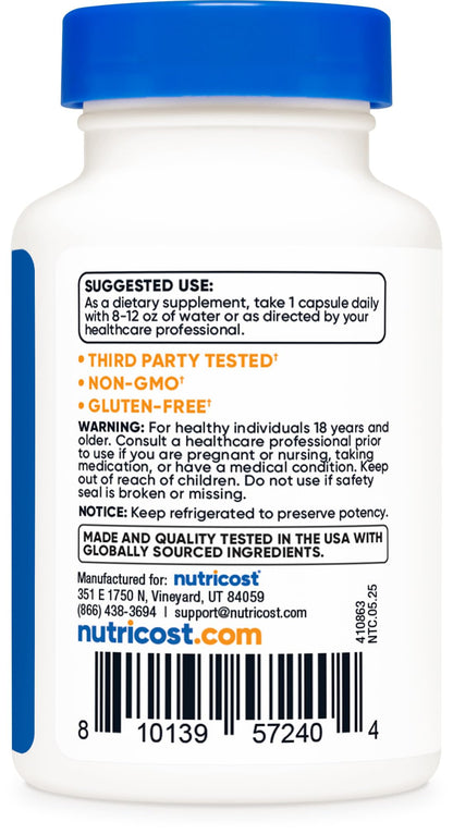 Authentic Nutricost Probiotic Complex capsule size illustration next to the packaging bottle