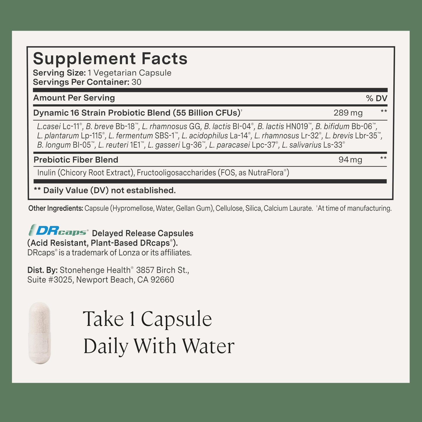 Authentic Stonehenge Health 16 strains probiotic capsules container on white background