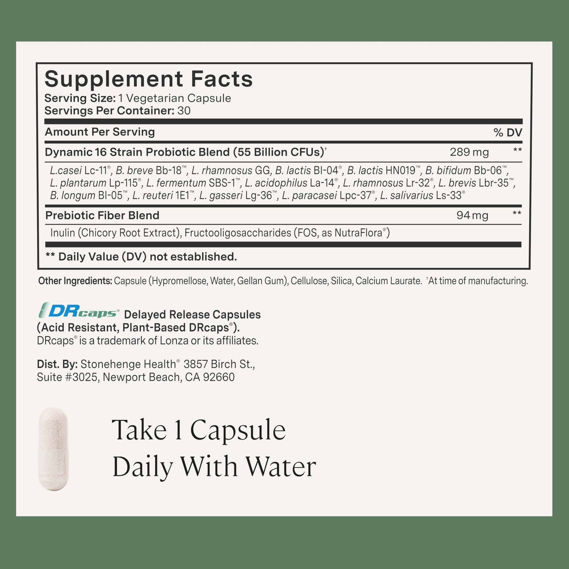 Authentic Stonehenge Health 16 strains probiotic capsules container on white background