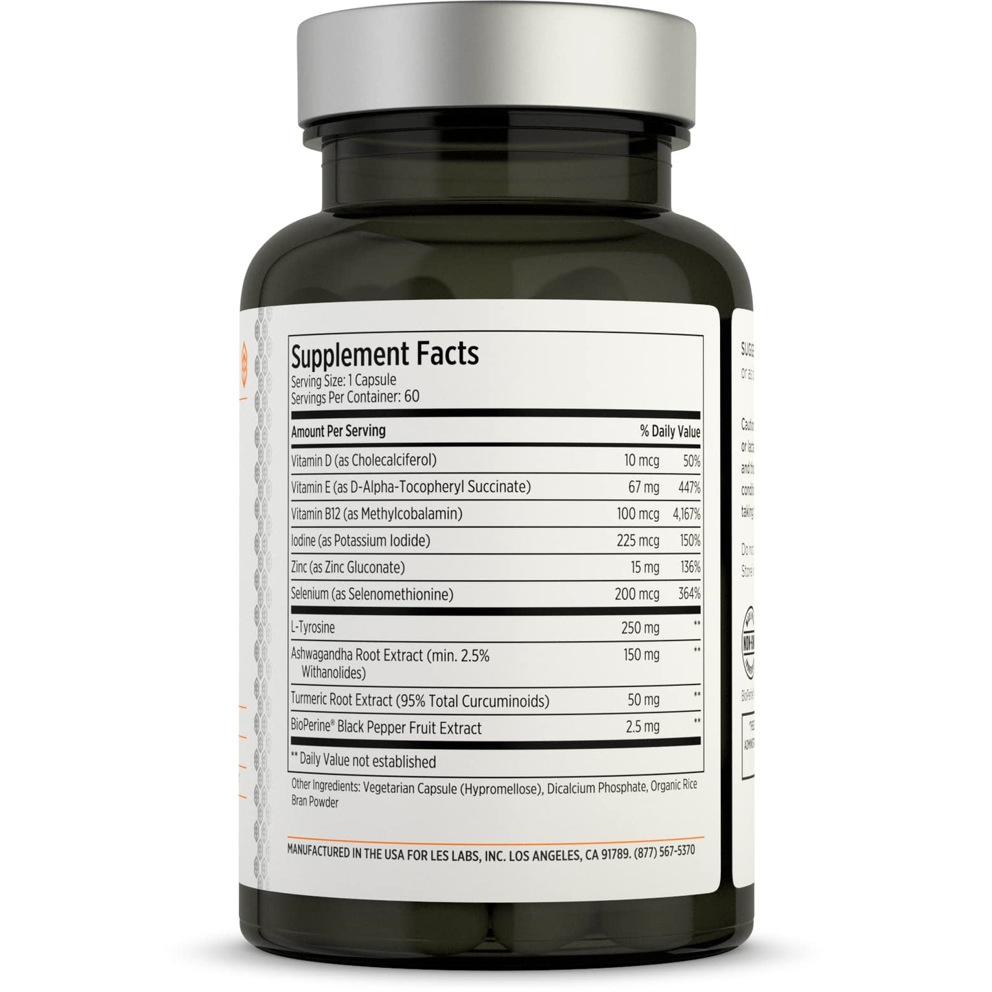 LES Labs Thyroid Support natural non-hormonal dietary supplement packaging details.