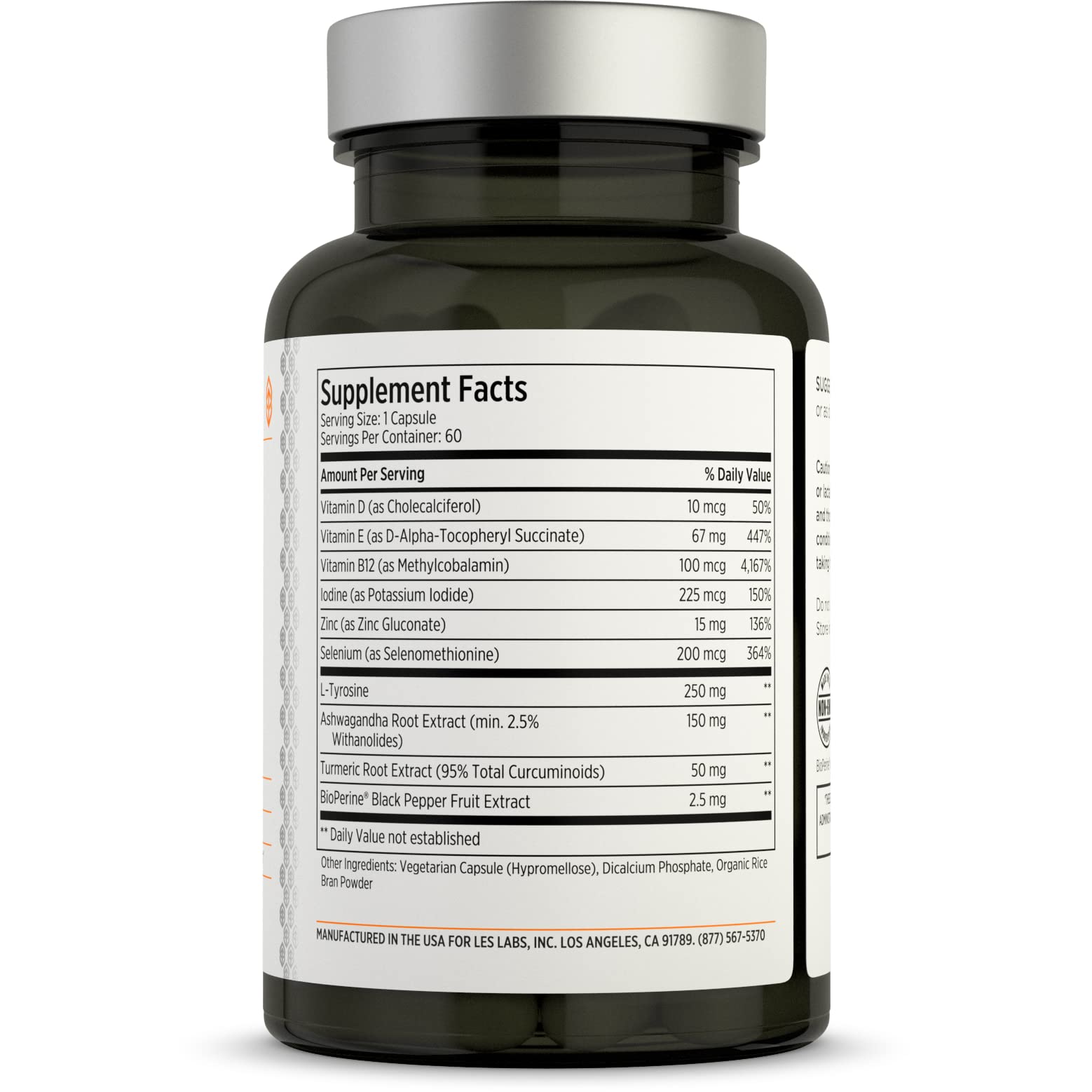 LES Labs Thyroid Support natural non-hormonal dietary supplement packaging details.