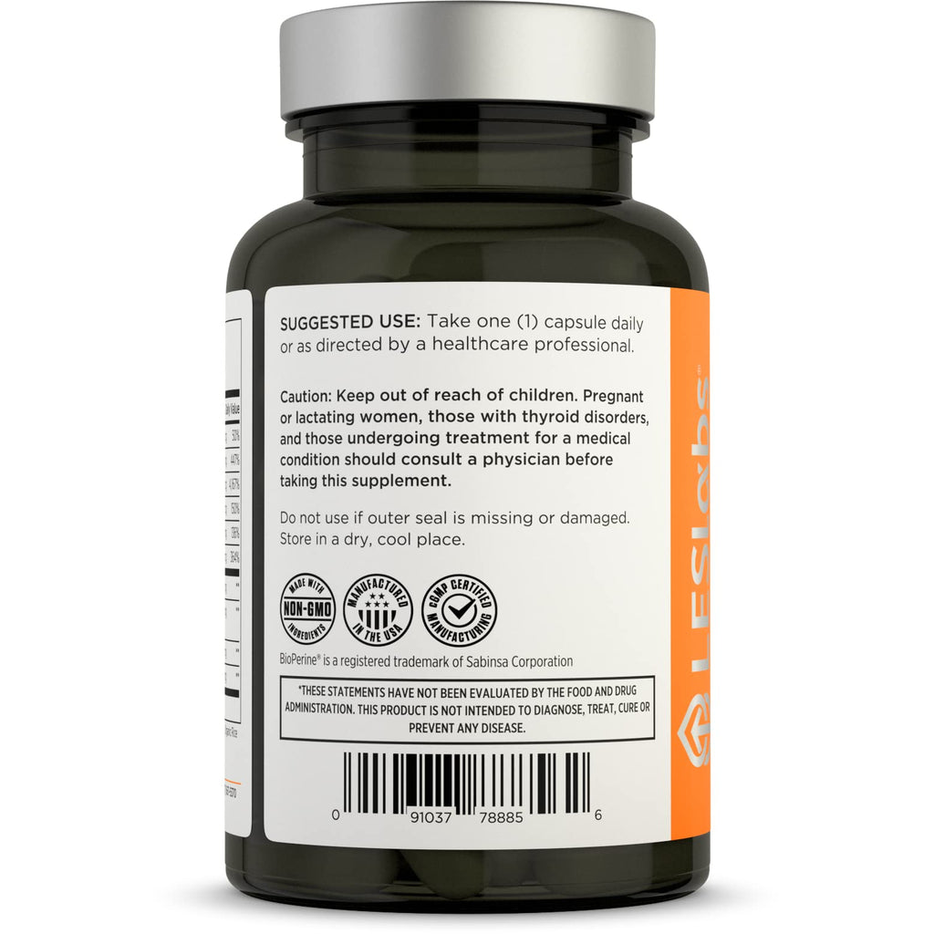 LES Labs Thyroid Support ingredient panel showcasing Iodine Selenium and L-Tyrosine.