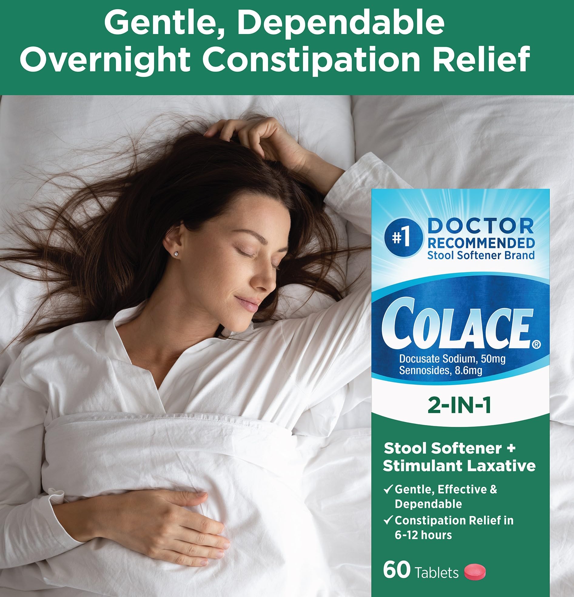 Colace 60 count tablet bottle showing active ingredients