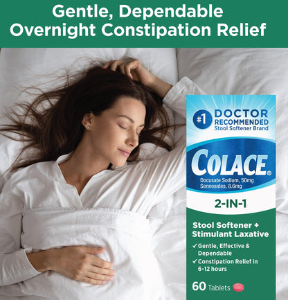 Colace 60 count tablet bottle showing active ingredients