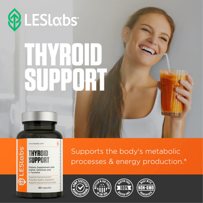 LES Labs Thyroid Support non-GMO premium hormone synthesis formula lifestyle angle.