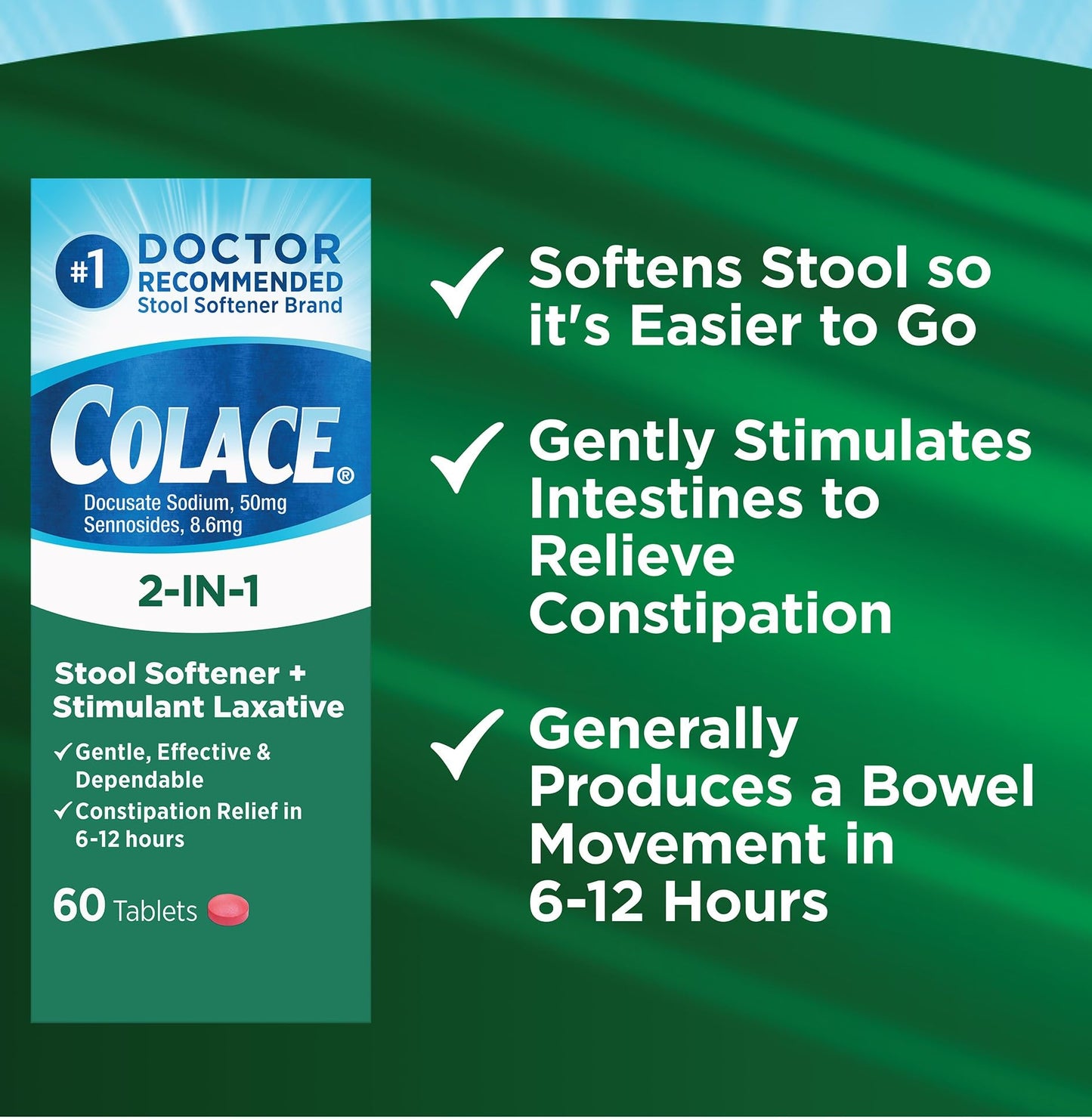 Side view of Colace 2-In-1 constipation relief tablets