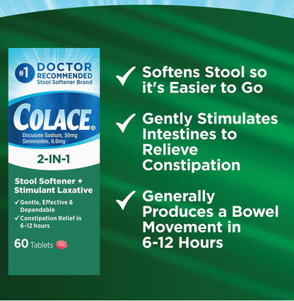 Side view of Colace 2-In-1 constipation relief tablets