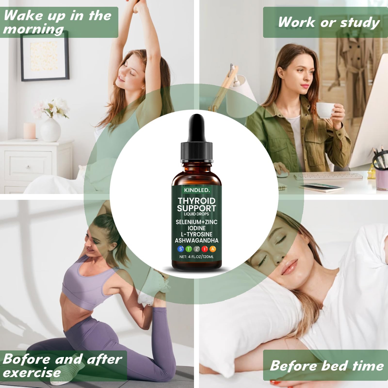 Kindled Thyroid Bloom liquid dropper bottle with vegetarian and non-GMO icons