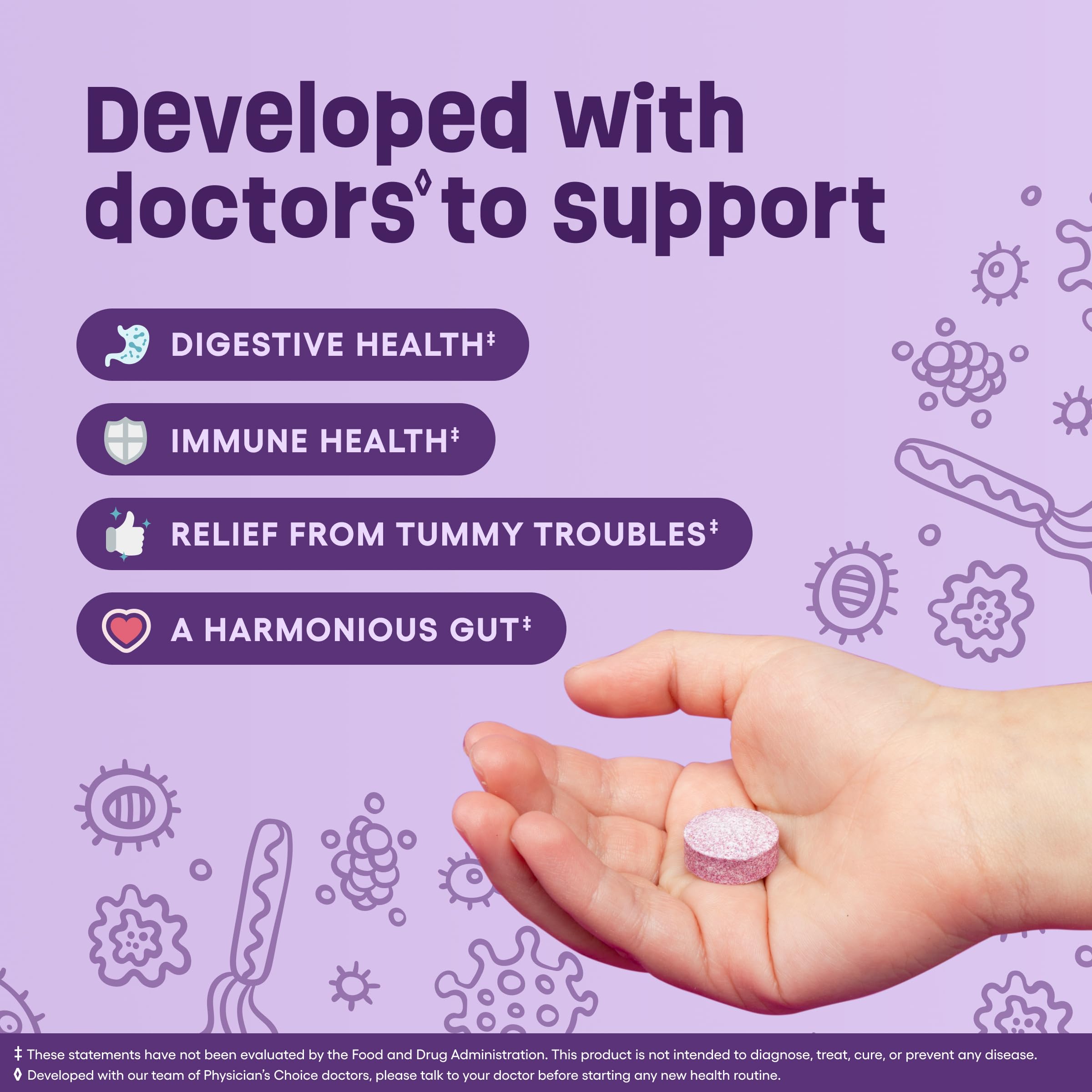 Side label view of Physician's Choice children's probiotic displaying seven diverse strains
