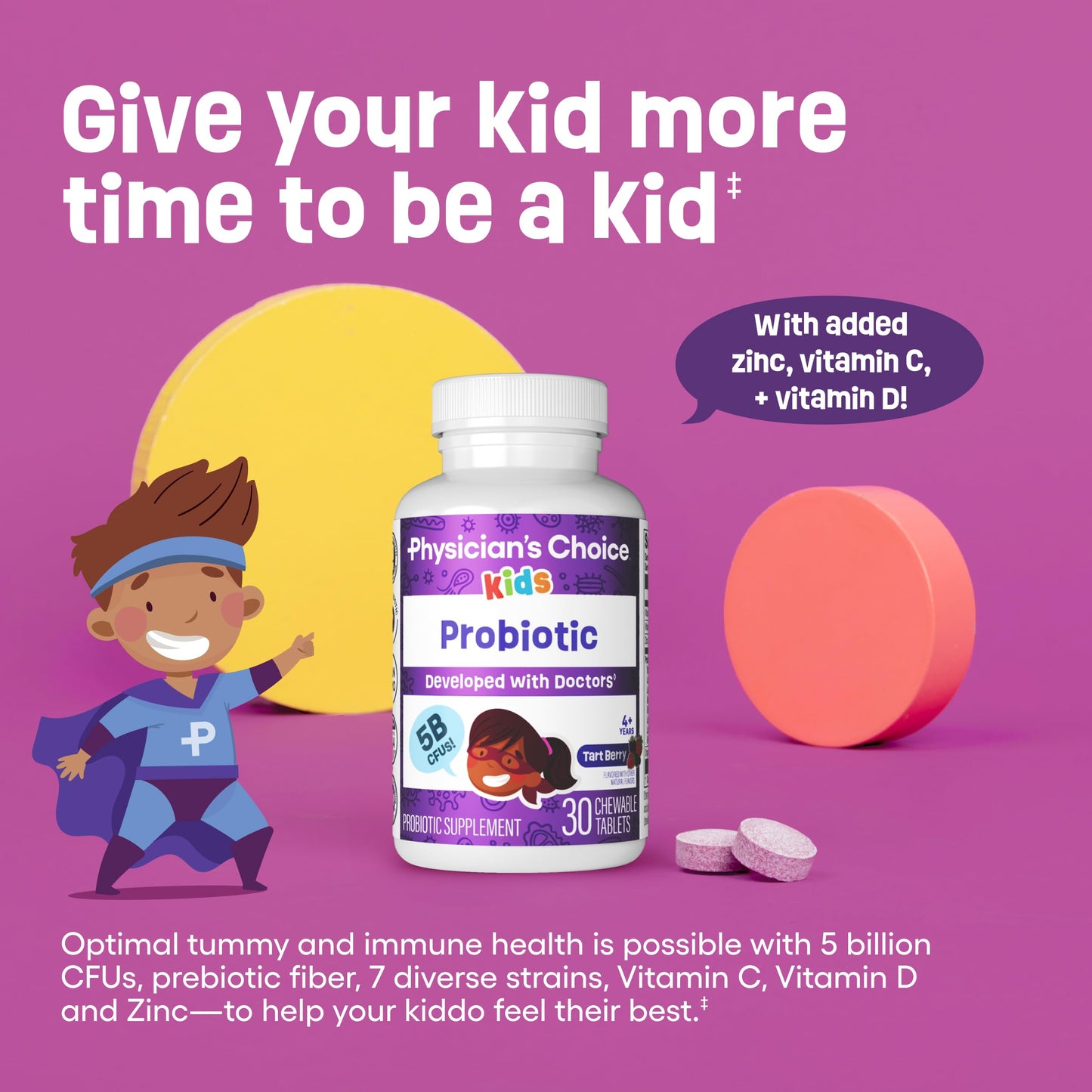 Back packaging details of sugar free kids probiotic supplement with organic prebiotics