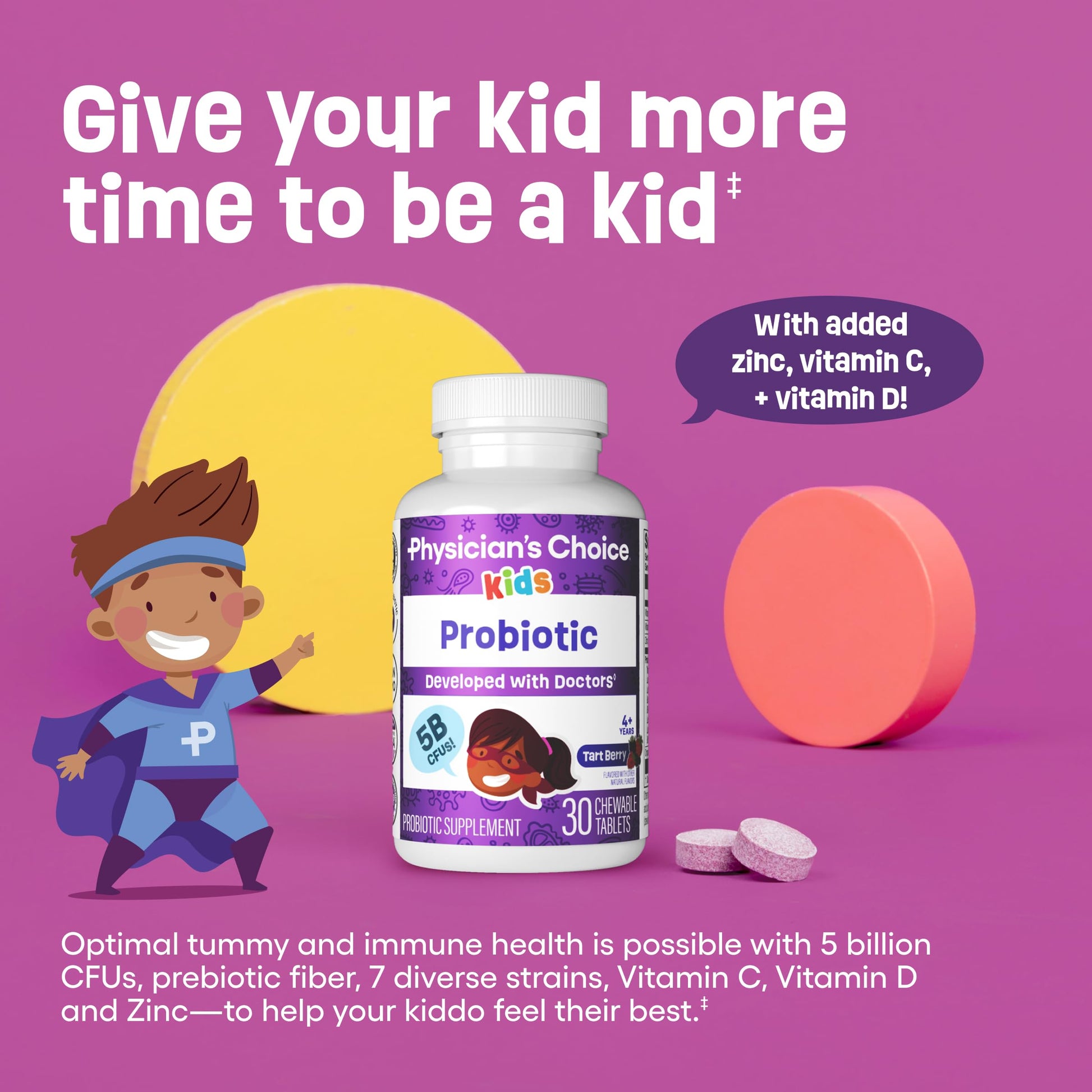 Back packaging details of sugar free kids probiotic supplement with organic prebiotics