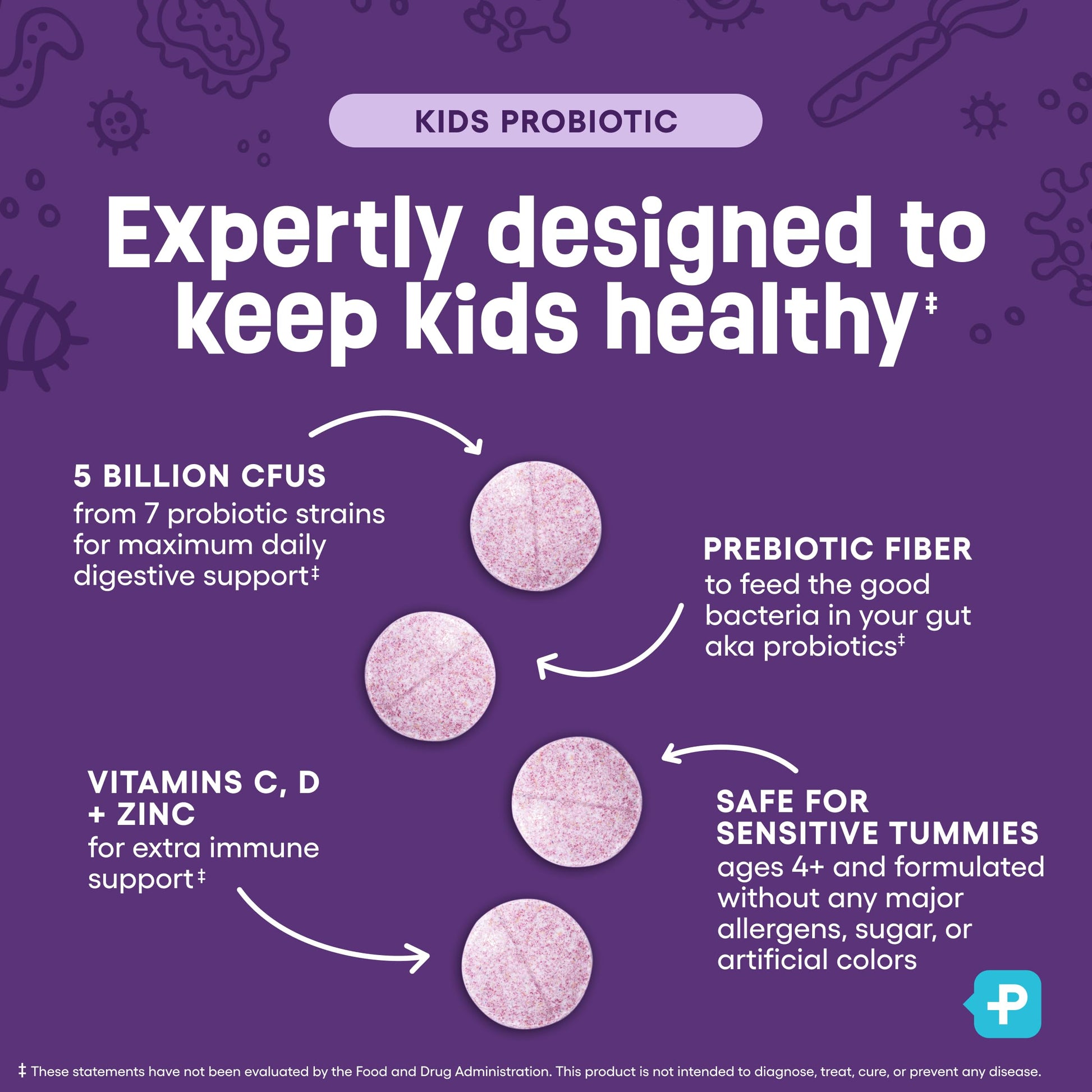 Top angle view of berry flavored child immune support tablets bottle