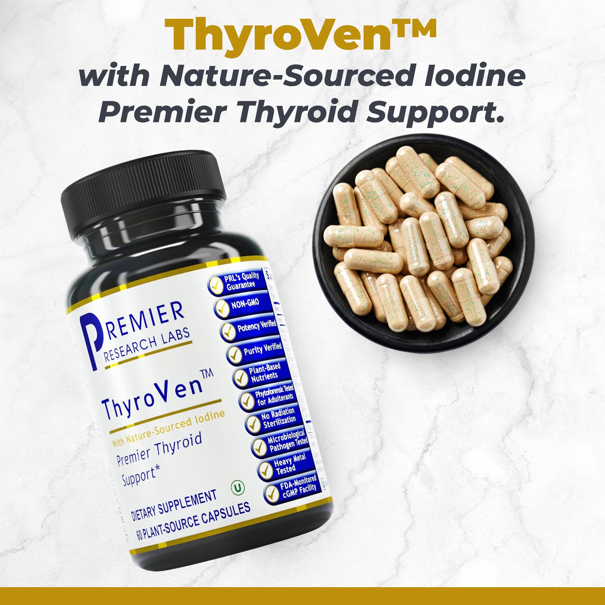 Side angle of ThyroVen supplement container displaying the clean supplement facts and marine iodine ingredients.