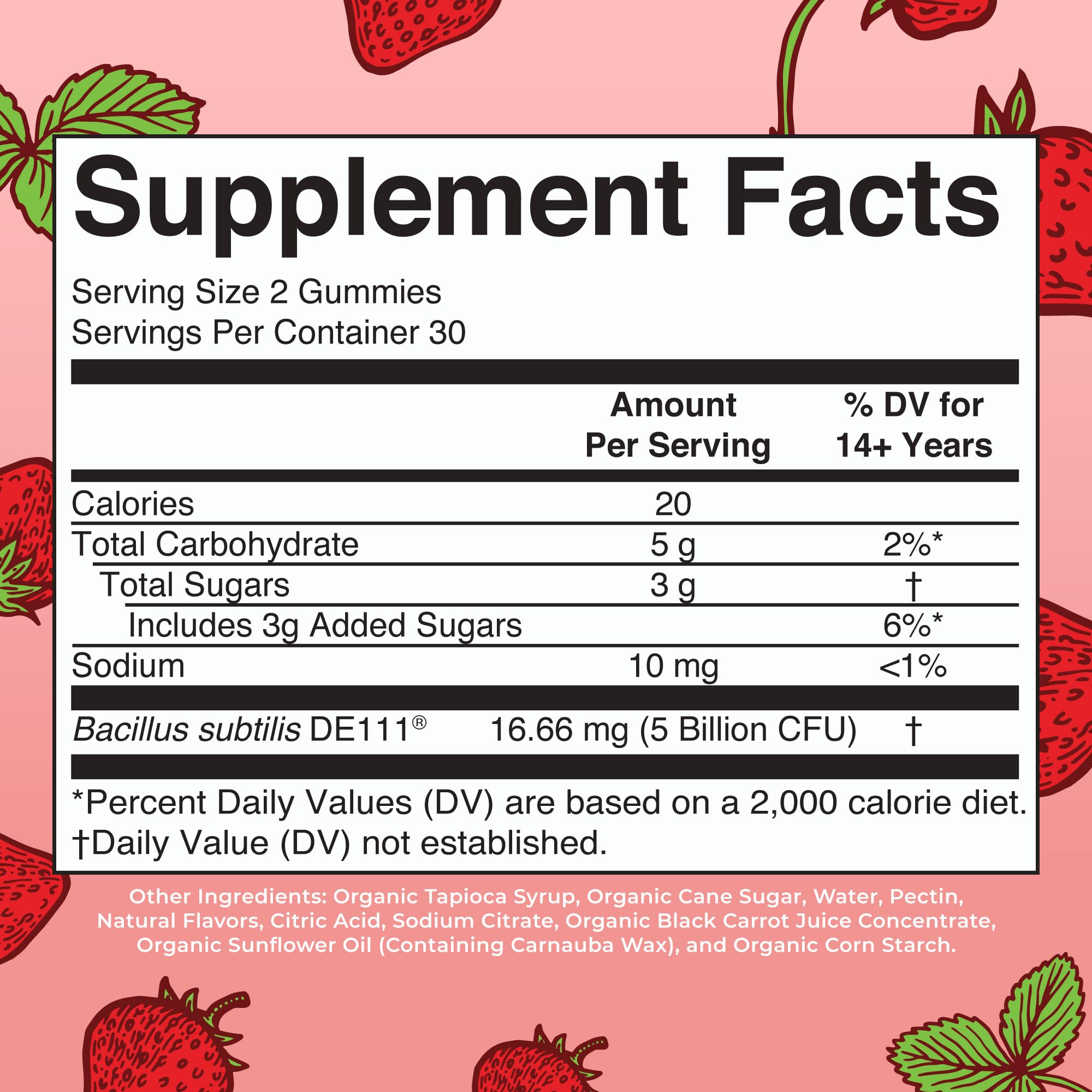 MaryRuth Organics strawberry probiotic 60 chewable gummies bottle side label nutrition facts