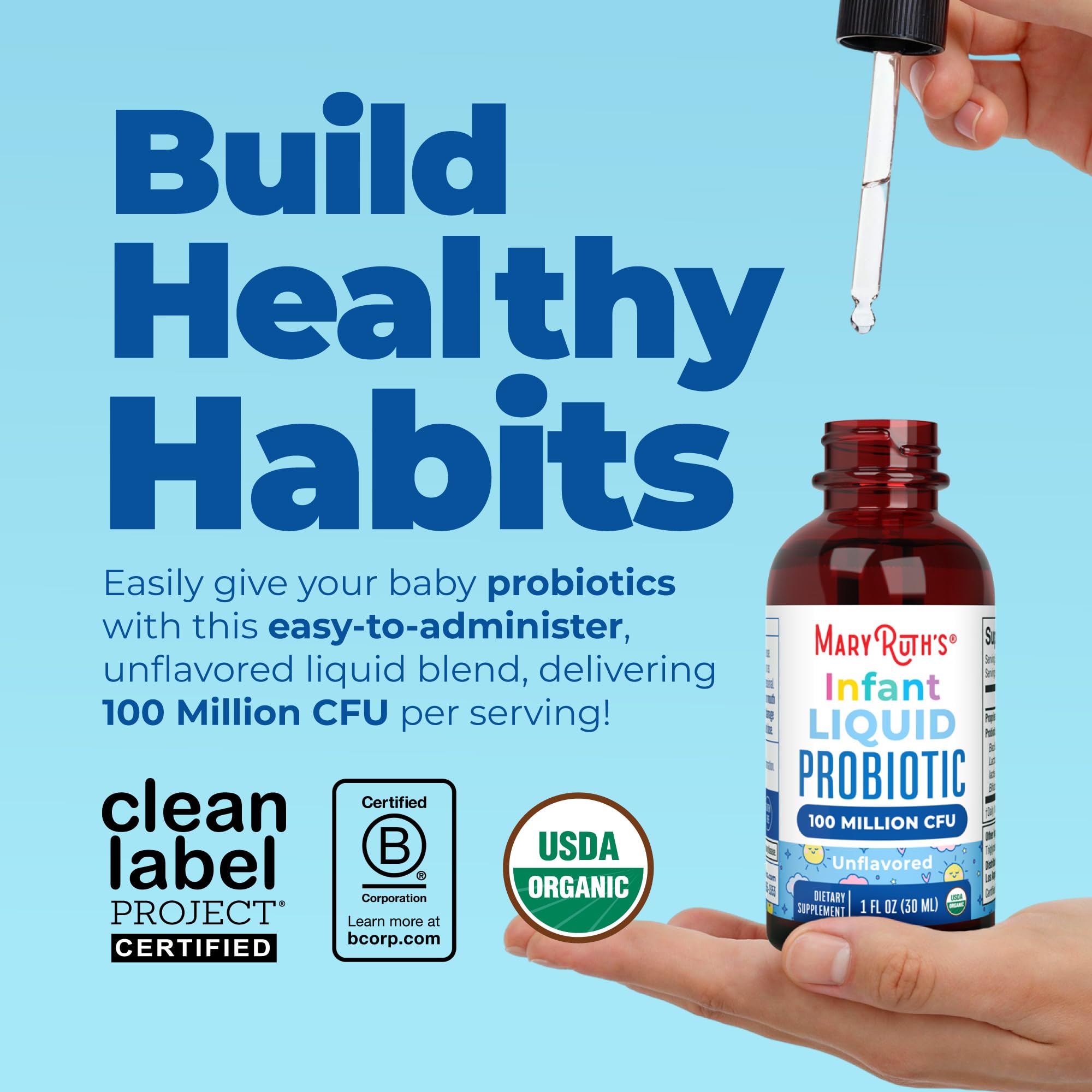 MaryRuth Organics infant probiotic drops liquid supplement packaging showing organic certification and unflavored label details.