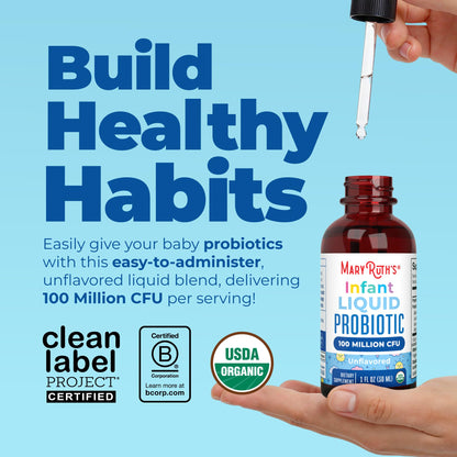 MaryRuth Organics infant probiotic drops liquid supplement packaging showing organic certification and unflavored label details.