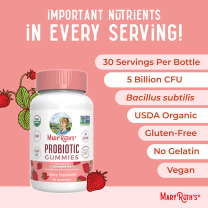 Imported daily gut wellness chewable gummies by MaryRuth Organics on display