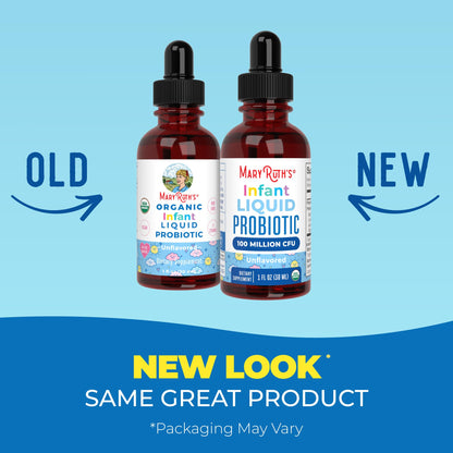 Side view of MaryRuth Organics baby probiotic drops showing the clean vegan ingredient list and supplement facts.