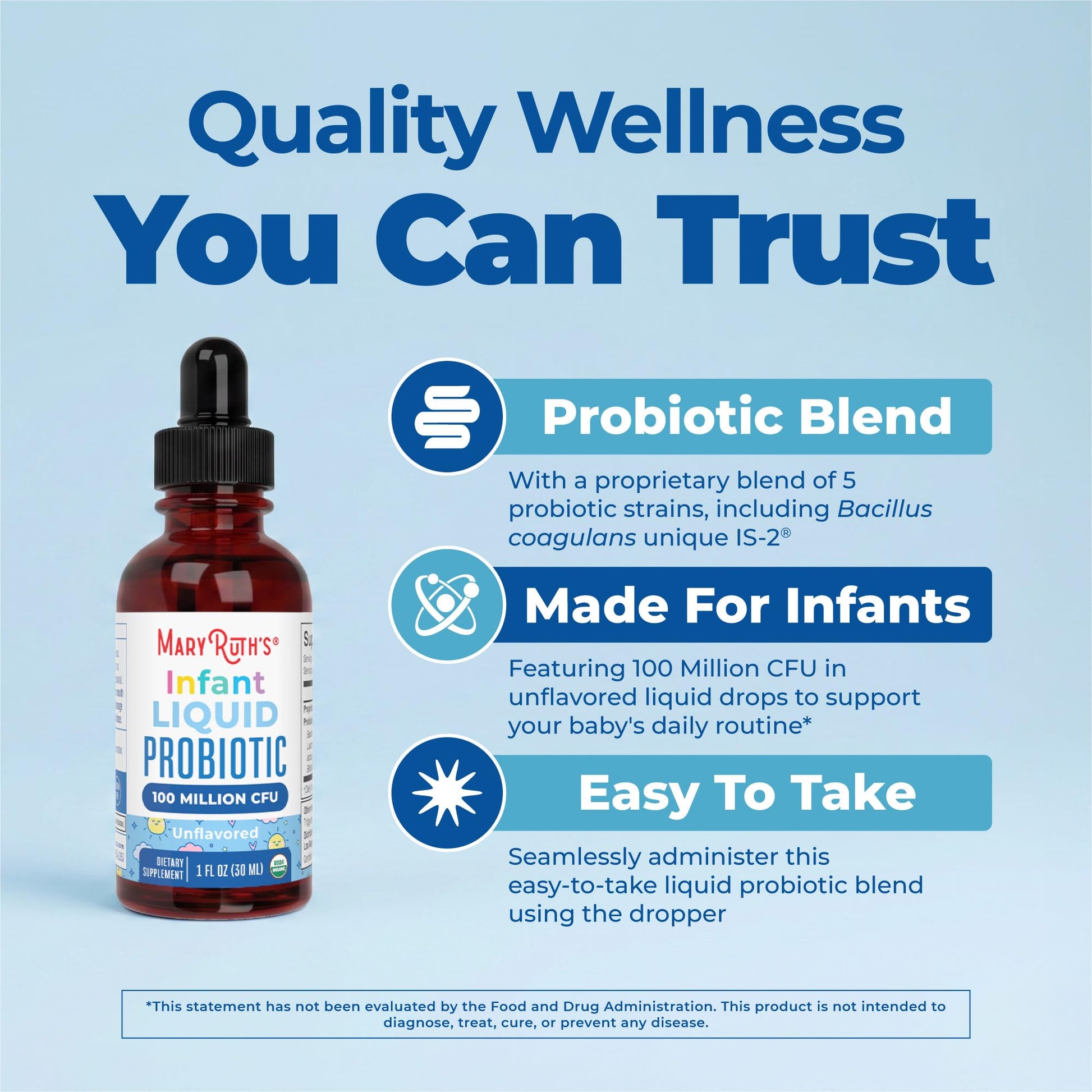 Close-up of the easy-to-use liquid dropper cap on the MaryRuth Organics baby digestive and immune support product.