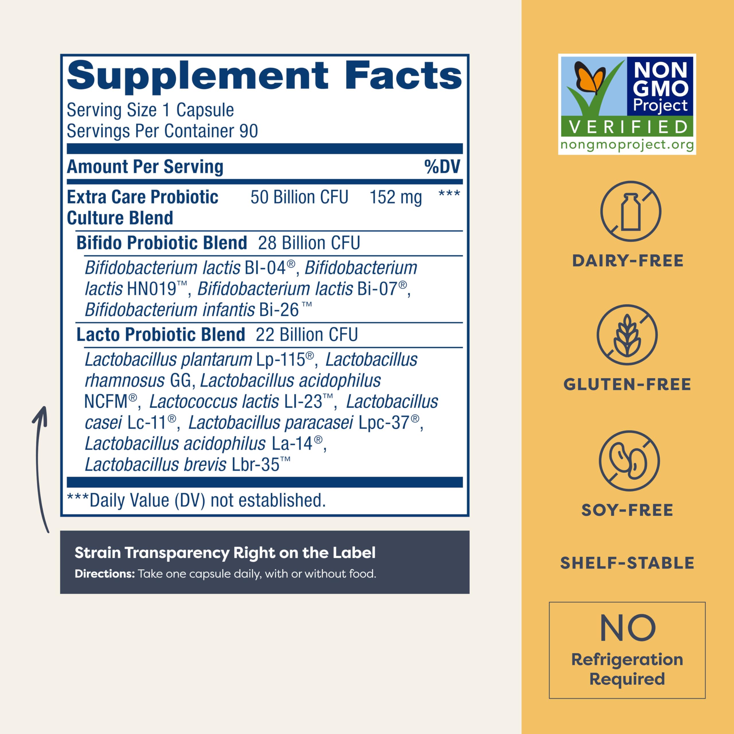 Renew Life Ultimate Flora Extra Care digestive supplement showing premium blue packaging label details.