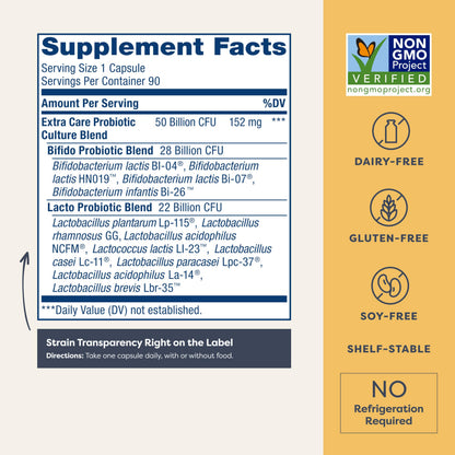 Renew Life Ultimate Flora Extra Care digestive supplement showing premium blue packaging label details.