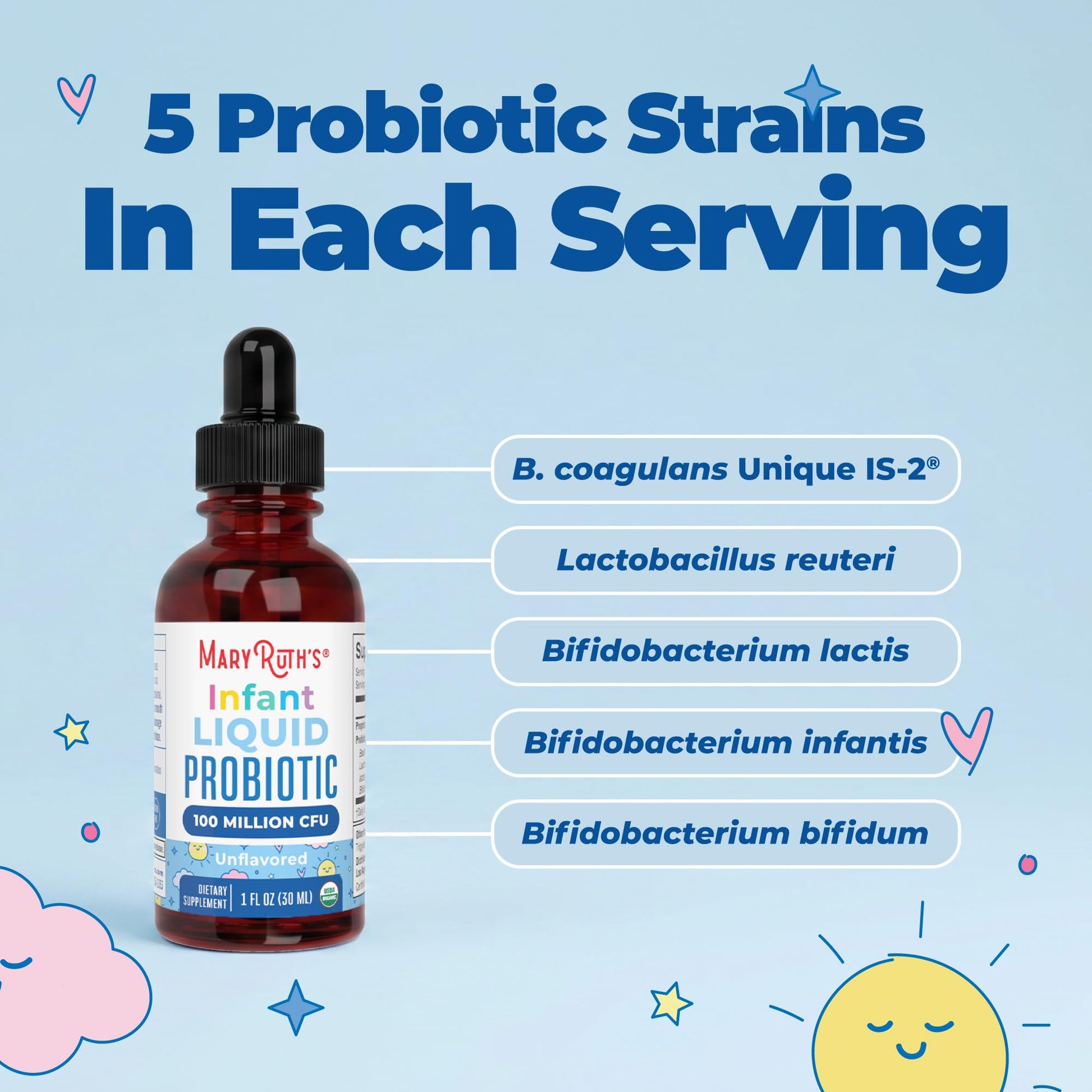 Premium imported MaryRuth Organics unflavored infant liquid probiotic bottle standing upright on a clean surface.