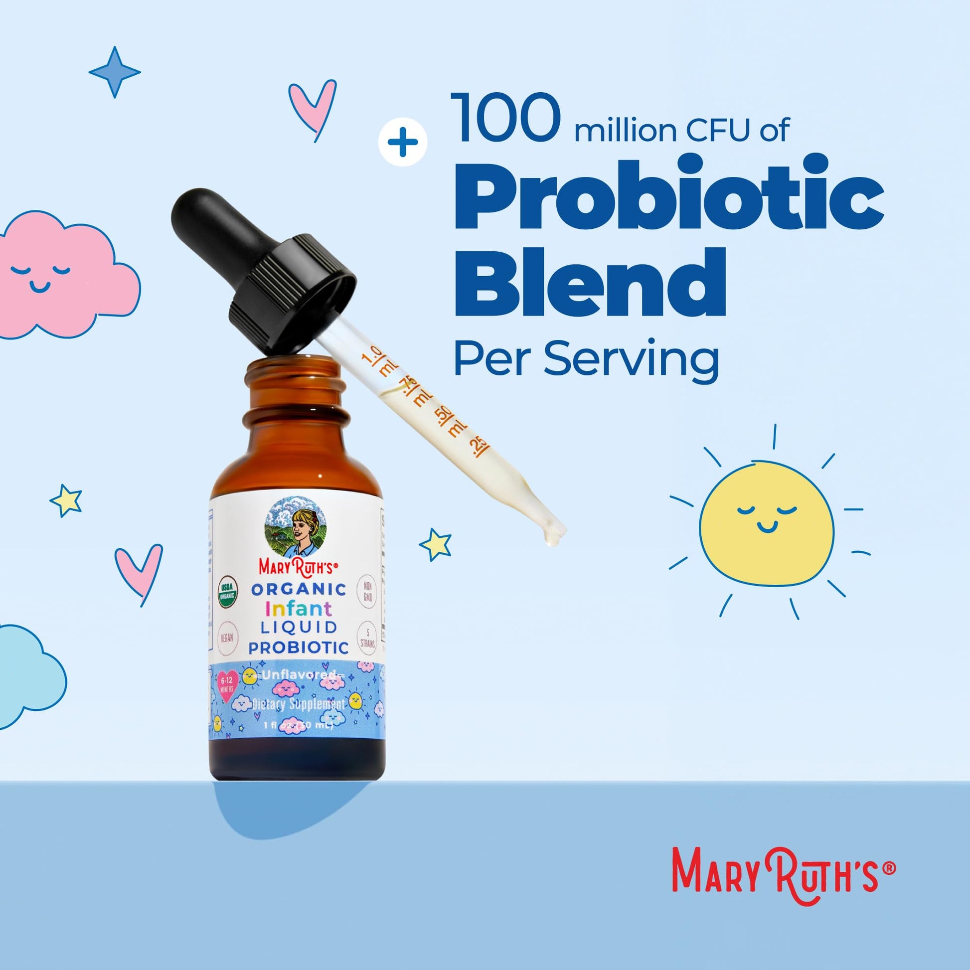 Back of the MaryRuth Organics baby probiotic packaging explaining the five-strain blend for infant gut flora.