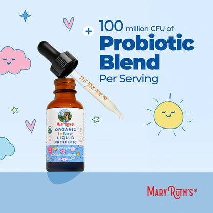Back of the MaryRuth Organics baby probiotic packaging explaining the five-strain blend for infant gut flora.