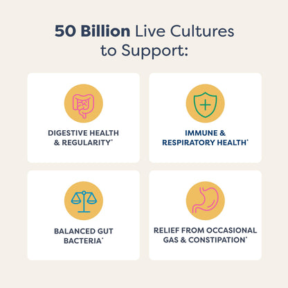 Side angle view of USA imported Renew Life fifty billion colony forming units probiotic supplement.